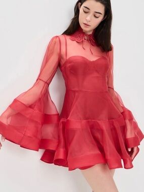 $1650 Zimmermann Runway S‘26 Rebellion Lantern Red  Silk Tulle Mini Dress Sz 6